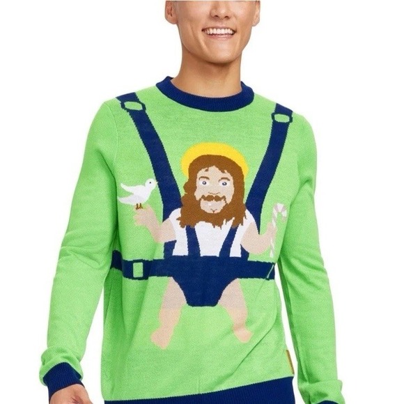Tipsy Elves Sweater Mens Medium Green Blue Sweet Baby Jesus Christmas Crew Neck - Picture 1 of 9